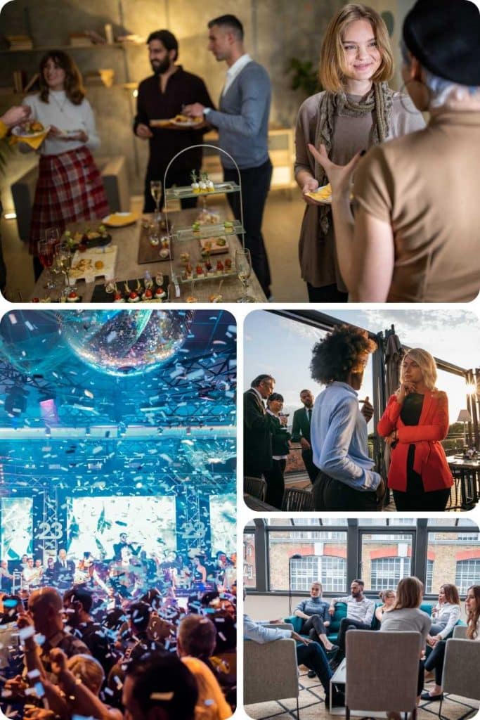 A photo collage displaying various business events, including a conference with a speaker on stage, a networking event with people mingling, a workshop with participants at tables, and a formal awards ceremony.